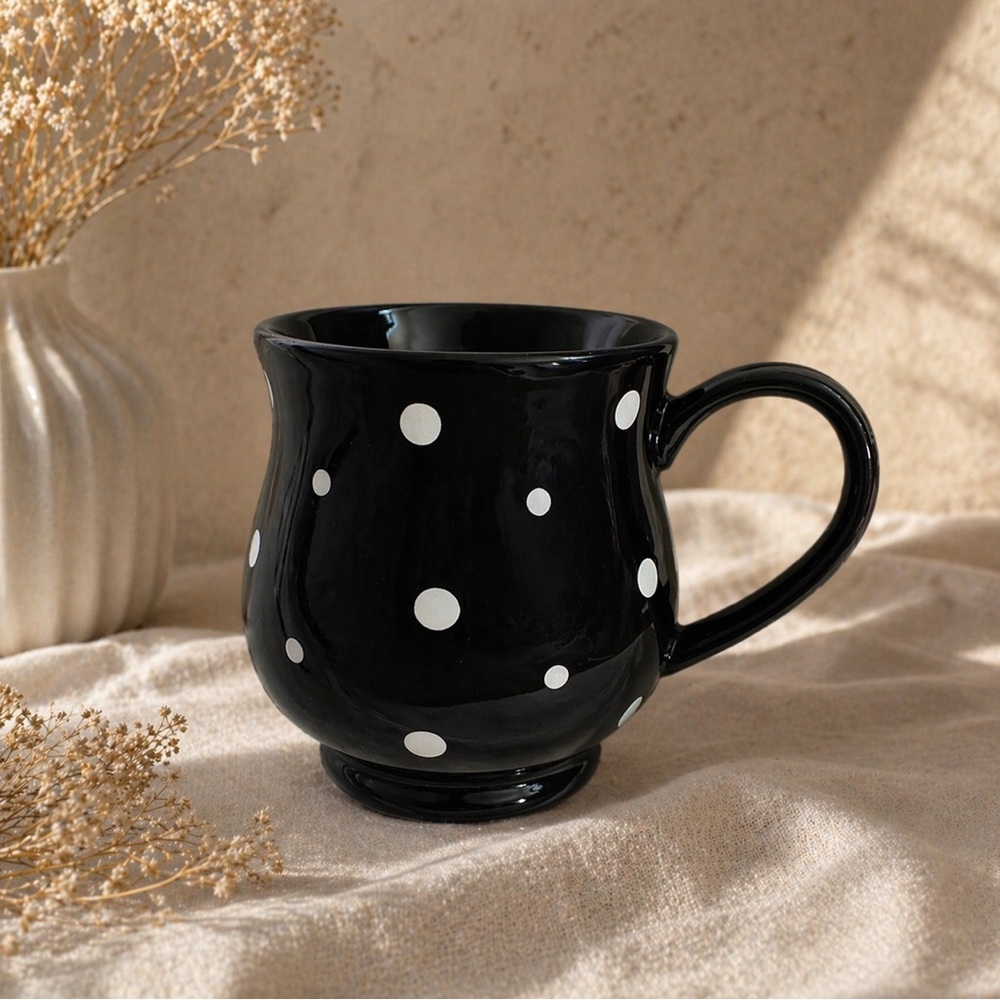 Temptations Black Ceramic Mug with White Polka Dots - Picture 2 of 3